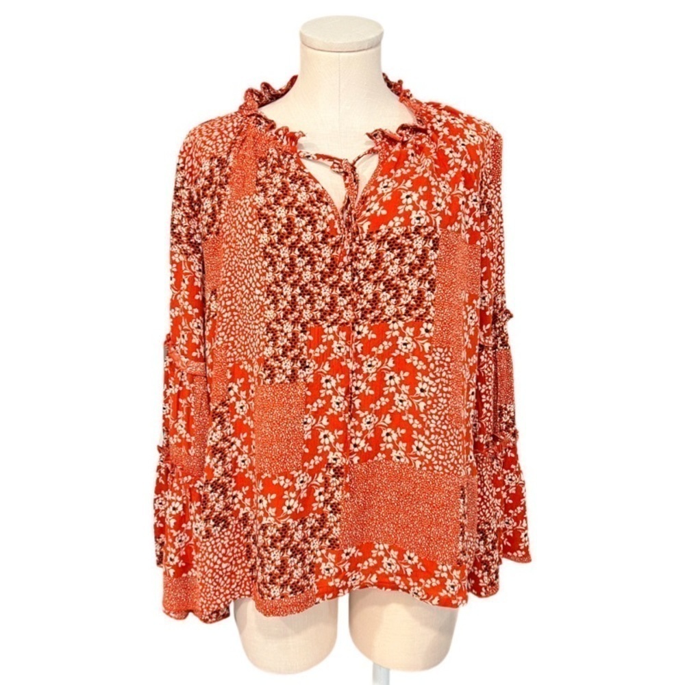 ANDTHEWHY red peasant patchwork floral top with ties at neck